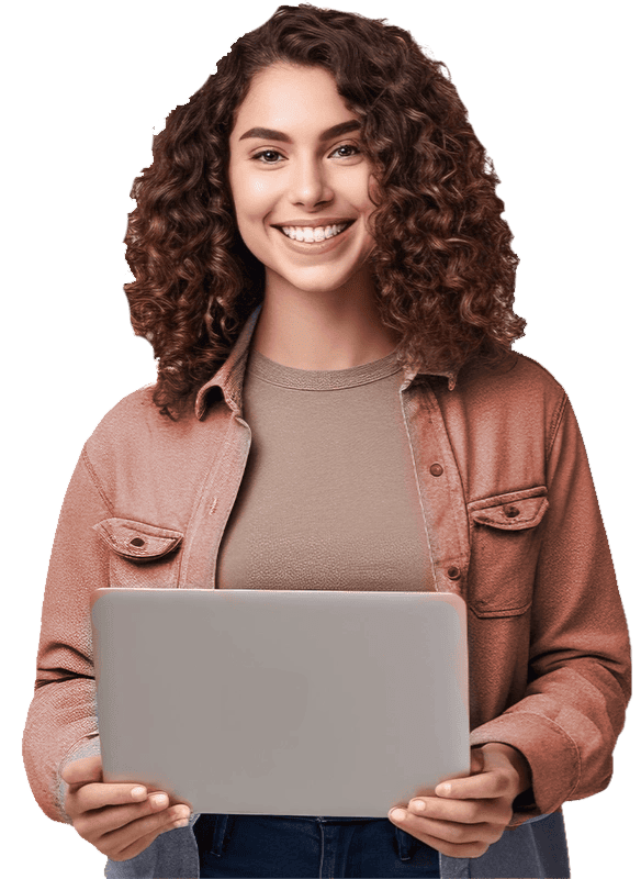 Woman smiling and holding a laptop, representing SEO services for Houston businesses