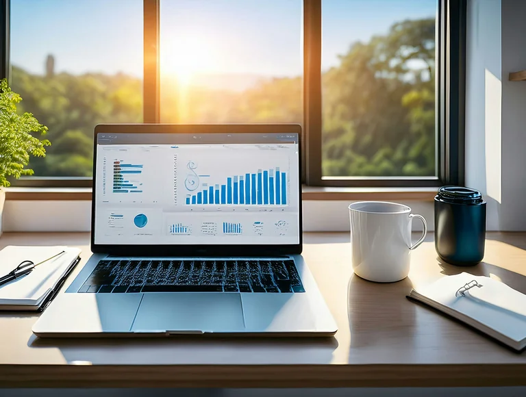 Analytics dashboard with charts open on a laptop at a desk