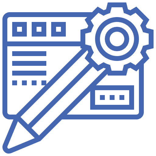 Icon showing a pencil and gear over a web layout representing website and local SEO implementation.