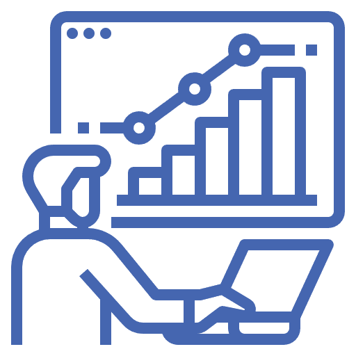 Illustration of a business person analyzing growth charts on a screen during a digital meeting.