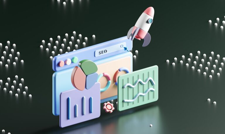 conversion-driven SEO illustration with analytics and rocket growth
