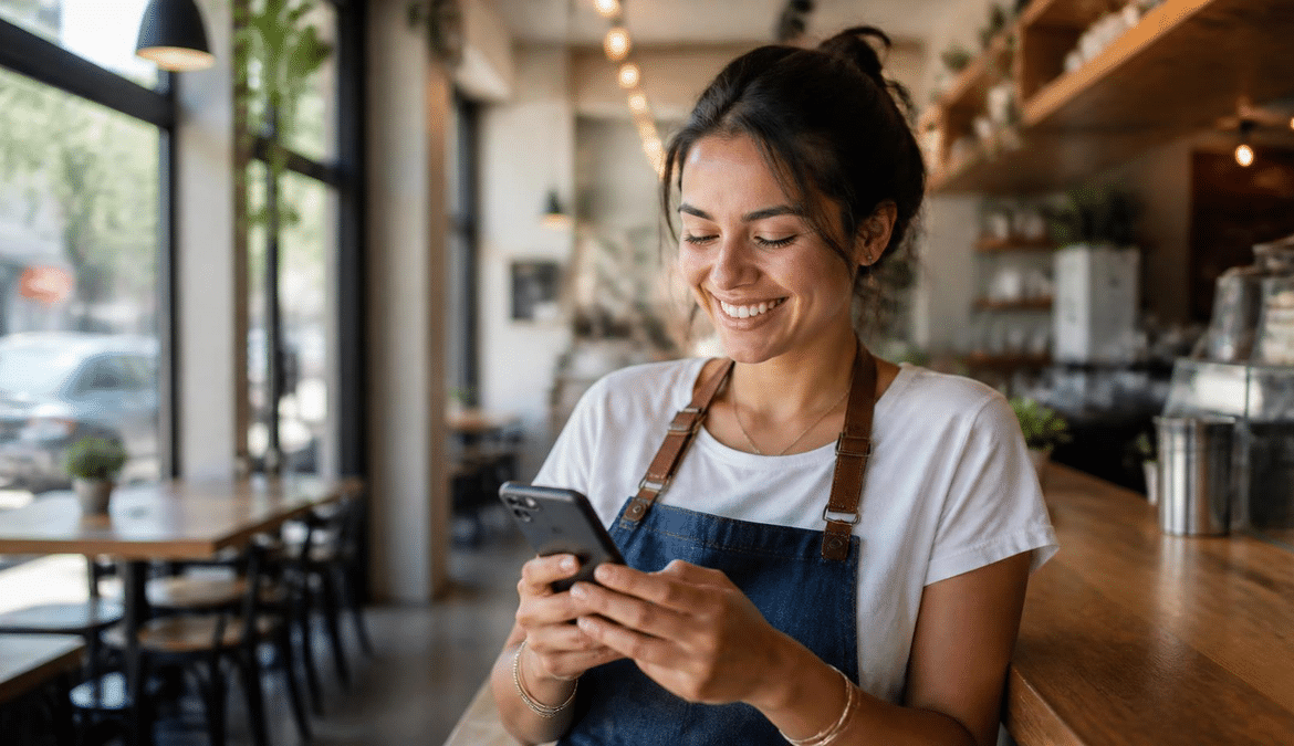 Café owner replying to a negative Google review on her phone